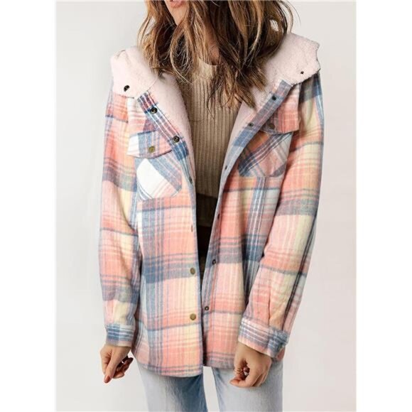 Womens Plaid Shacket Jacket Long Sleeve Button Down Fleece Hooded Jackets - Picture 2 of 6